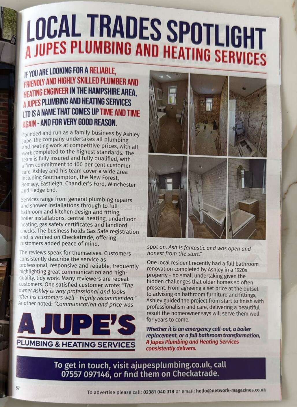 A Jupes Plumbing ad inside the Eastleigh Network Magazine.